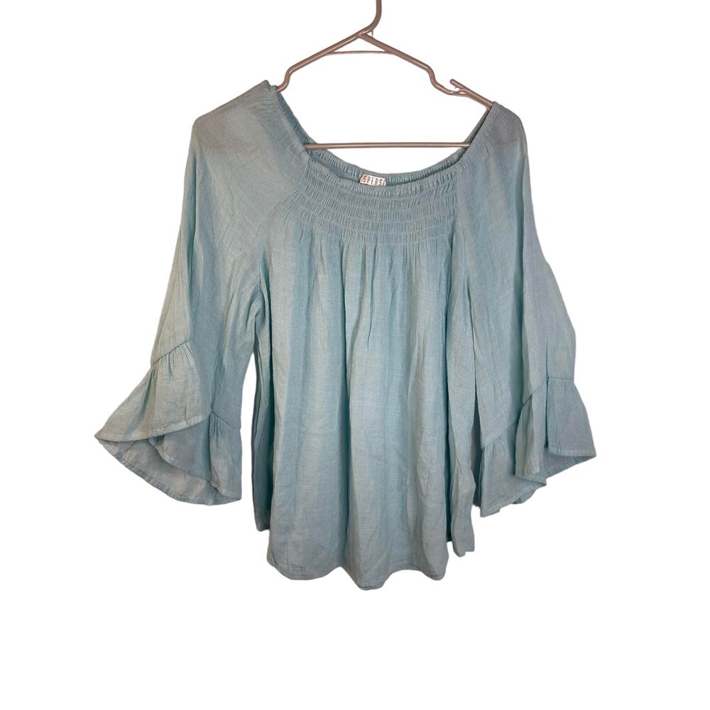 Spence shirt blouse top women's large blue teal green ruffle sleeve